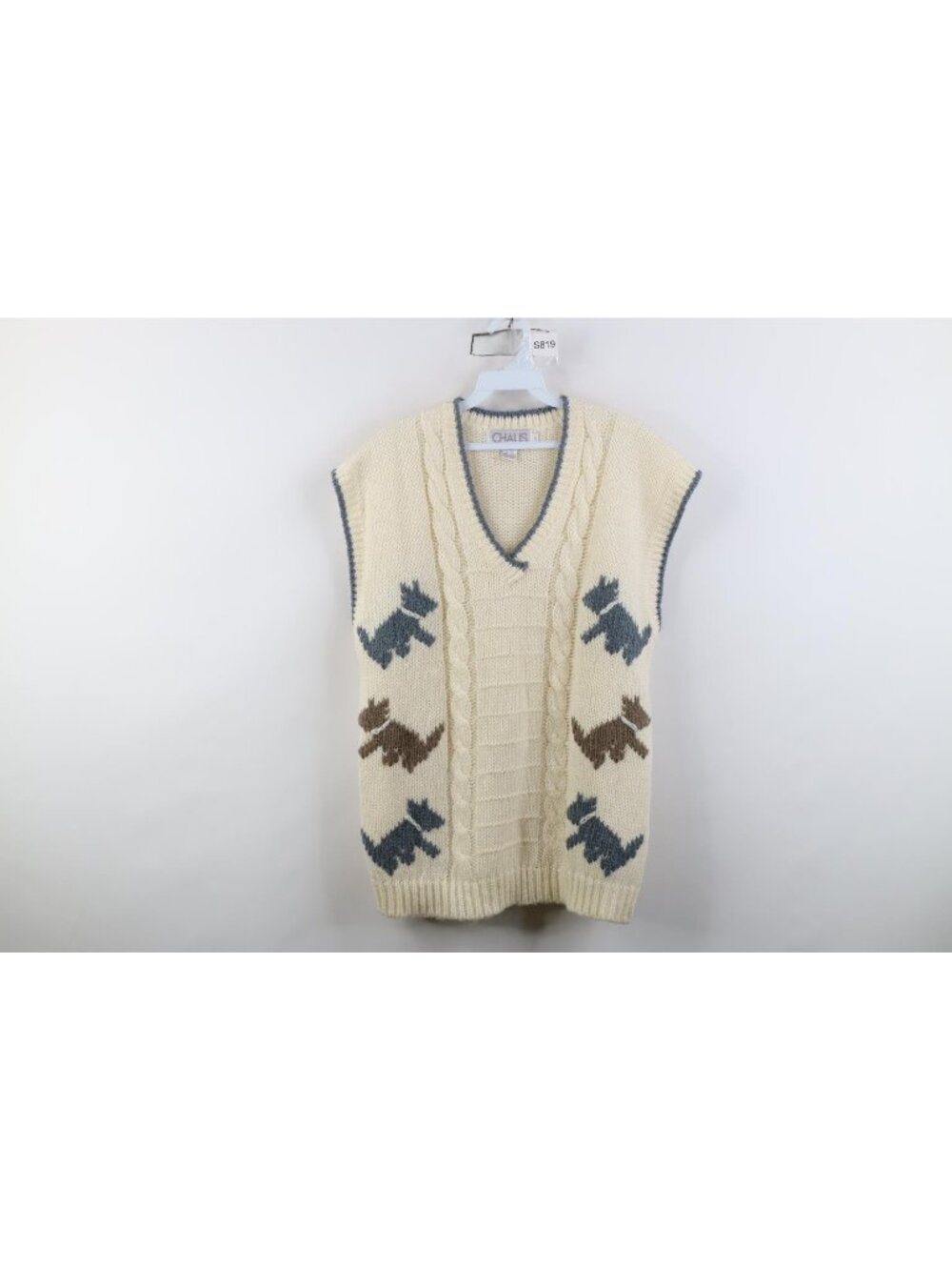 Vintage 90s Streetwear Womens Large Dog Chunky Cable Knit V-Neck Sweater Vest